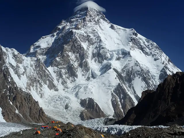 K2's steep pyramid rising above the Baltoro glacier in the Karakoram