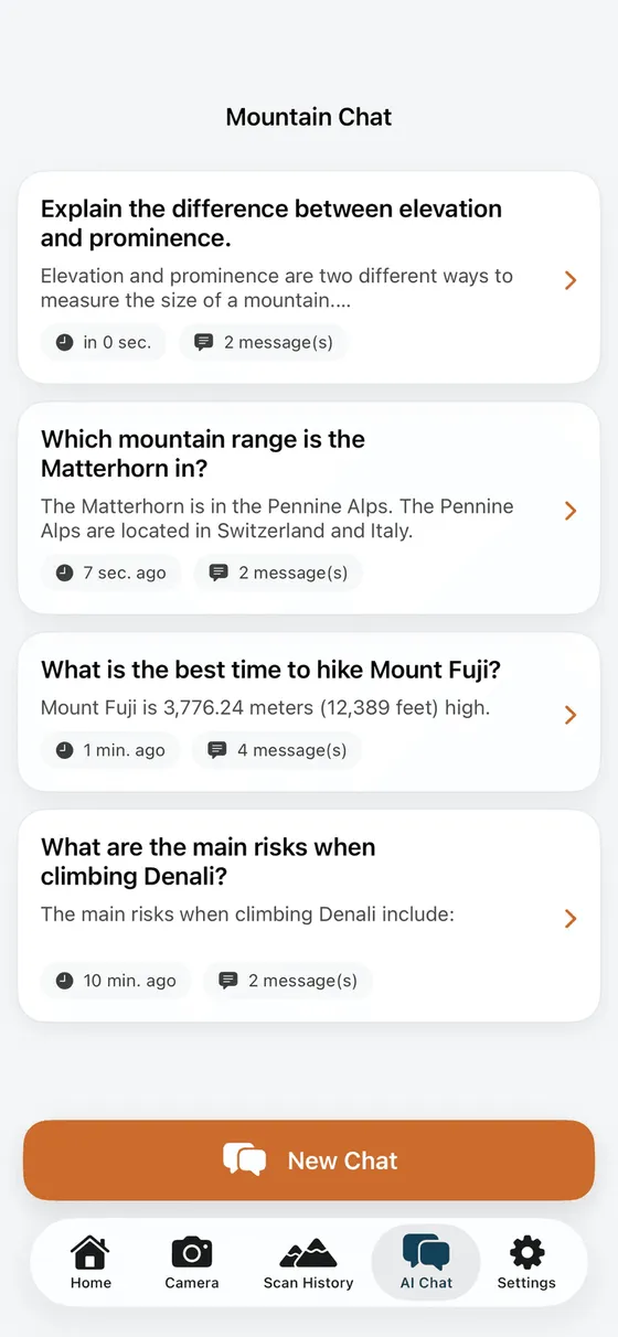 Mountain Identifier AI chat screen answering questions about elevation, ranges and the best time to hike