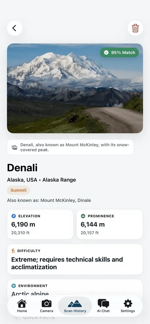 Mountain Identifier identifying Denali in the Alaska Range with a 95% match and 6,190 m elevation