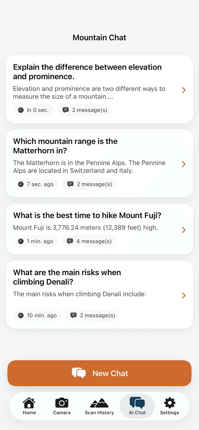 Mountain Identifier AI chat answering a question about a peak