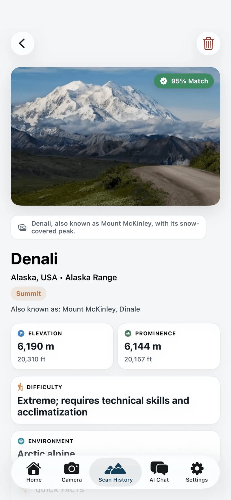Mountain Identifier result screen identifying Denali