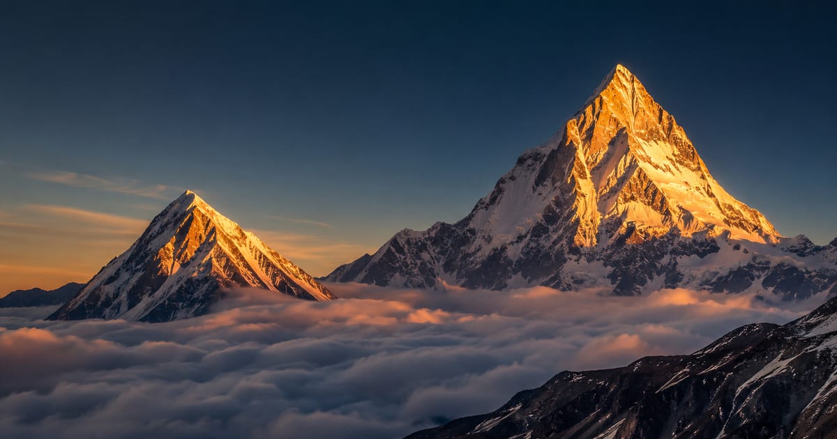 Two snow-capped peaks of clearly different heights rising above a sea of golden-hour cloud